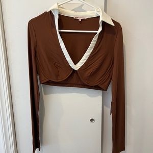 Brown Collared Cropped Long Sleeve Top
